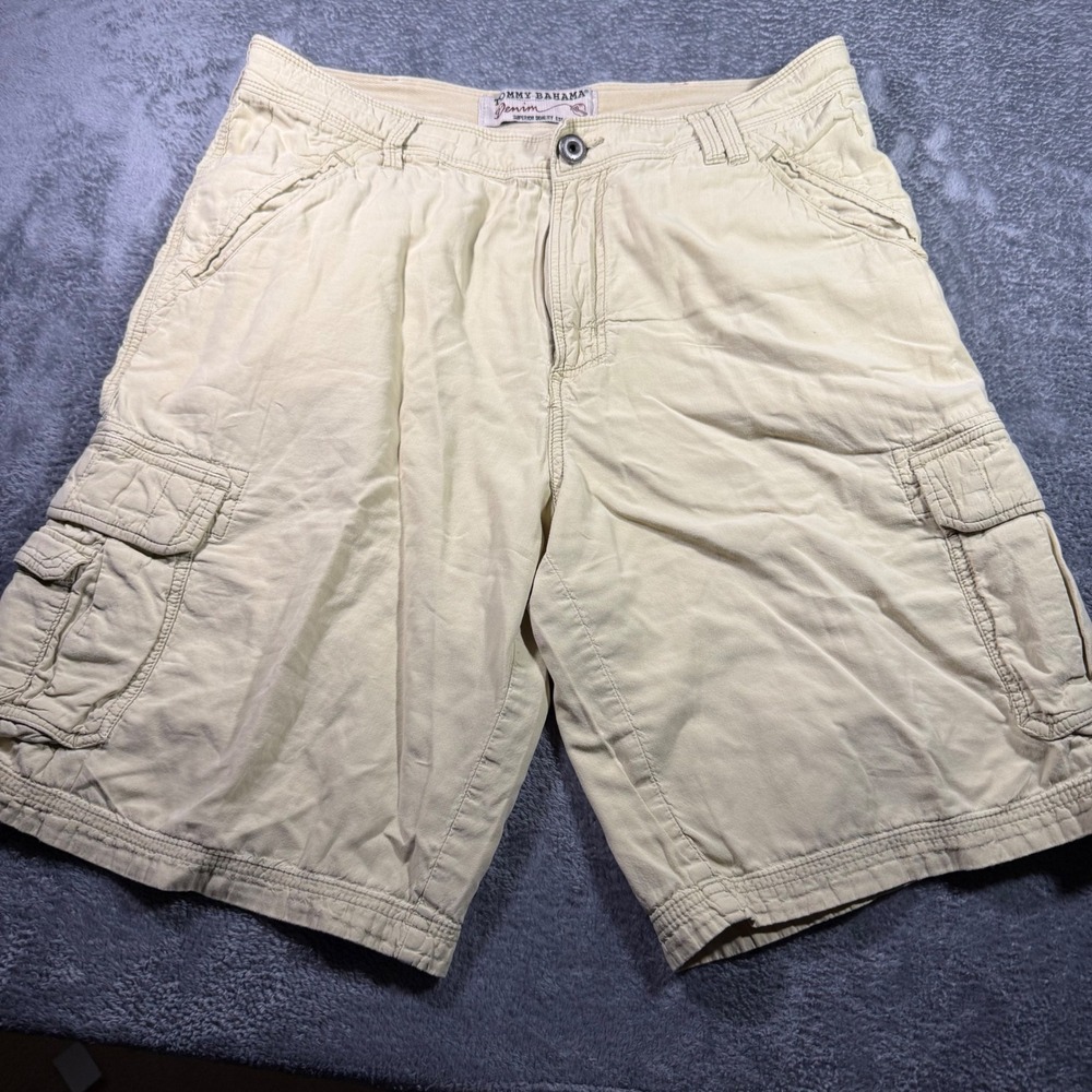 Tommy Bahama Denim Mens Khaki Tan Cotton Cargo Shorts Size 36 Relaxed Casual